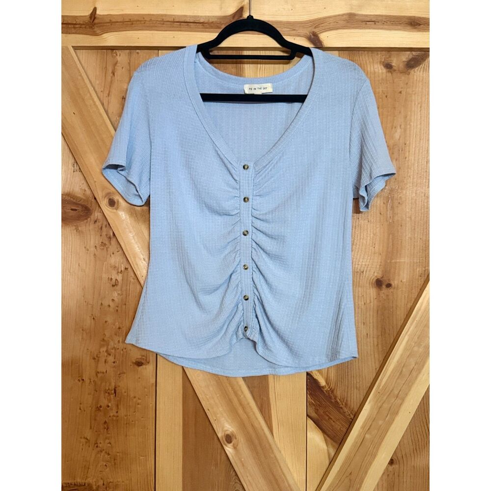 Baby Blue Ruched Crop Top 1X Plus Size Cottagecore Short Sleeve Blouse Fairycore